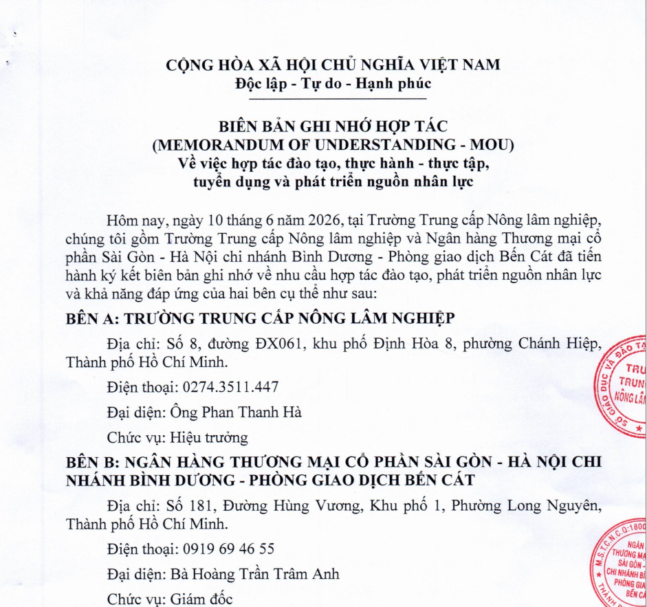Biên bản hợp tác giữa Trường TCNLN với Ngân hàng SHB - Phòng giao dịch Bến Cát